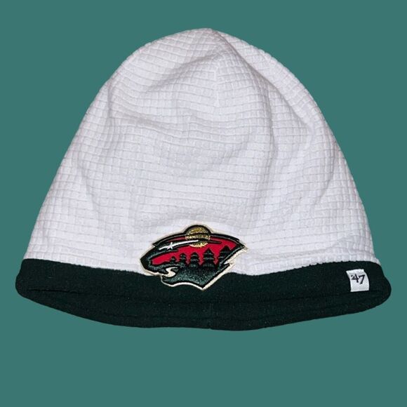 Youth Minnesota Wild Grid Fleece Beanie Skull CapnWhite 47 Brand Hat - Picture 5 of 5
